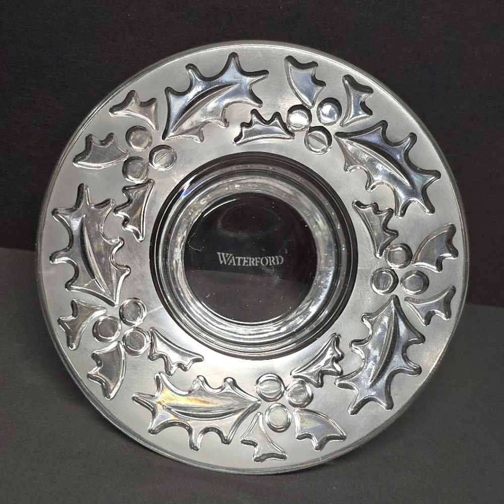 Waterford Clear Crystal Christmas "Holly" Votive Tea Light Candle Holder
